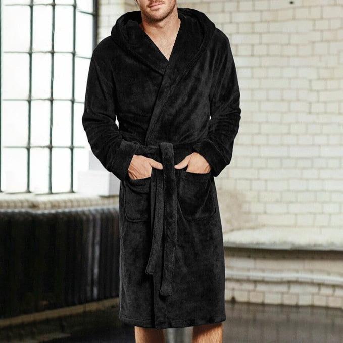 Fashion Simple Solid Color Pockets Long Sleeve Mens Bathrobe Loose Sleepwear Nightgown Robe Grey